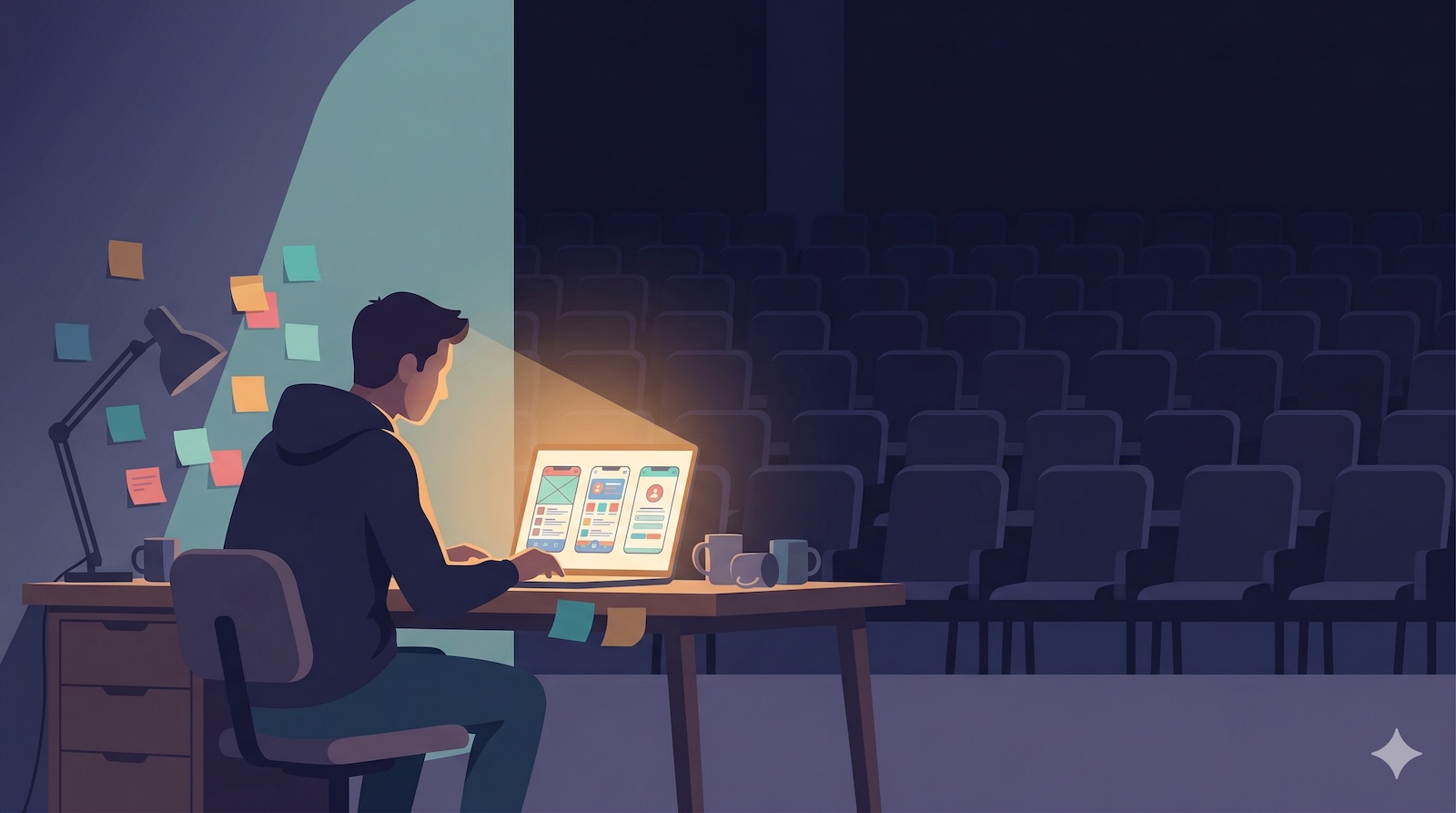 Egyedül ülő fejlesztő egy laptop előtt üres nézőtérrel — a Calm Wealth Journal története.