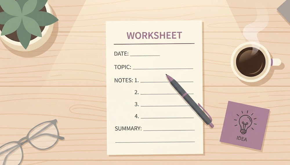 Munkafüzet tollal és kávéval egy íróasztalon — ötletvalidációs eszköz